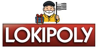 Logo du jeu Lokipoly avec un personnage souriant en ciré jaune tenant un cadeau et un drapeau breton au-dessus du titre.